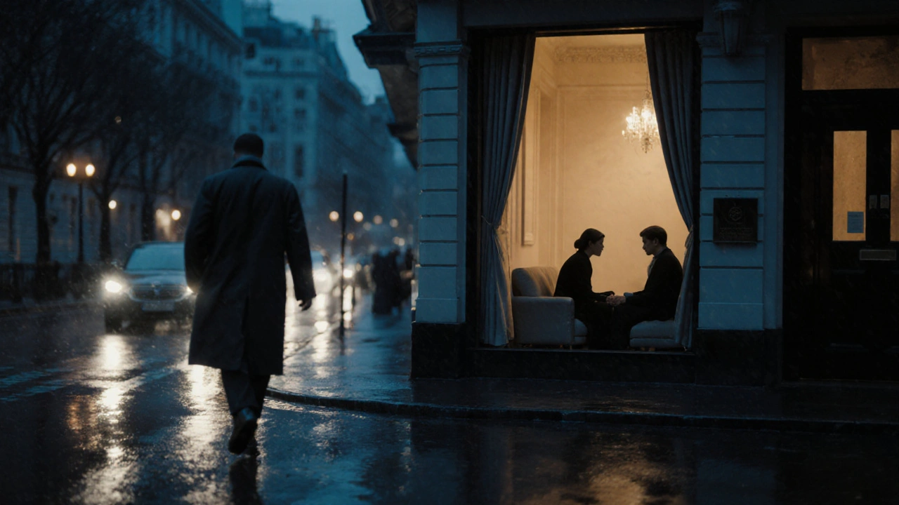 A lone figure walks away from a discreet London apartment as soft light glows from within.