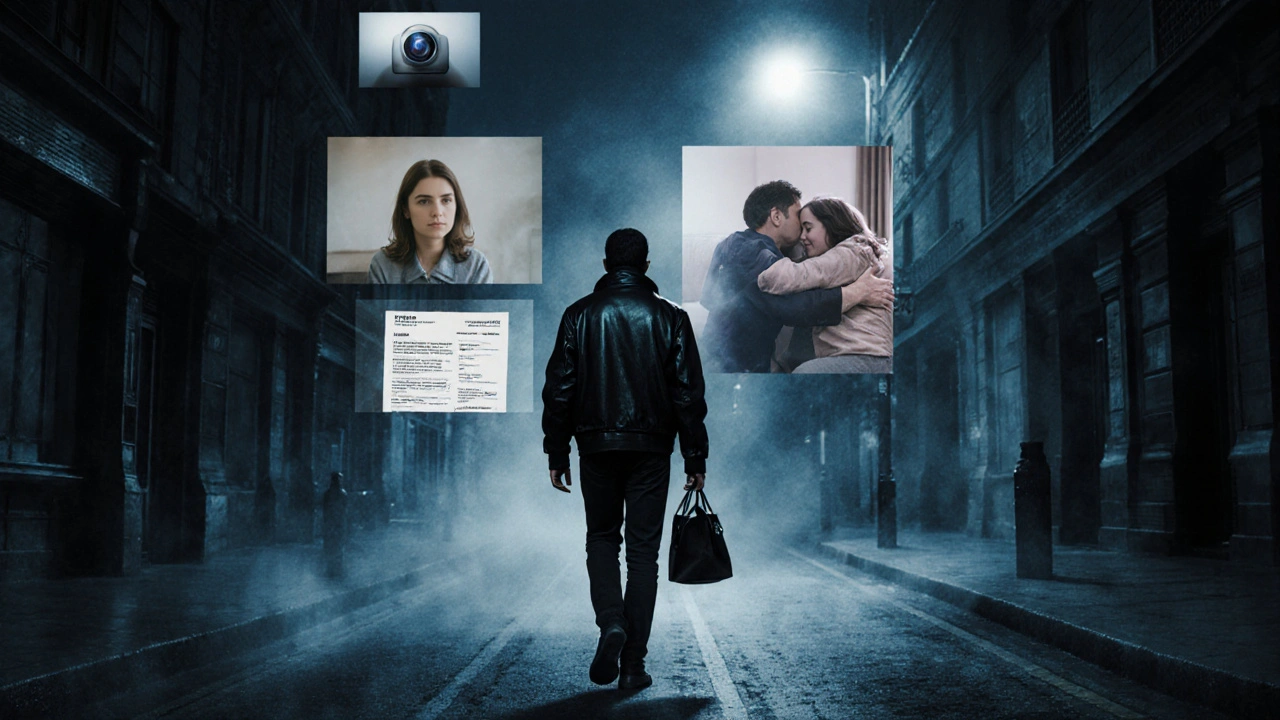 A lone figure walks through foggy London streets, surrounded by translucent symbols of their hidden life.