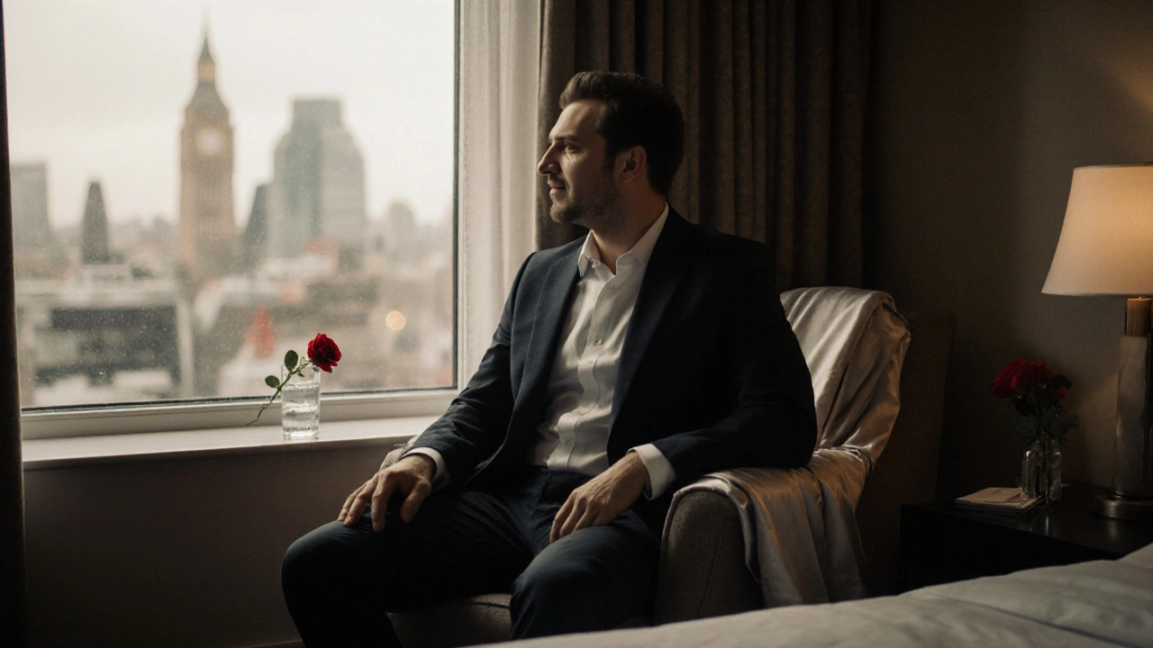 A man in a suit gazes out a hotel window in Chelsea, quiet satisfaction in his expression, the room hinting at a meaningful, respectful encounter.