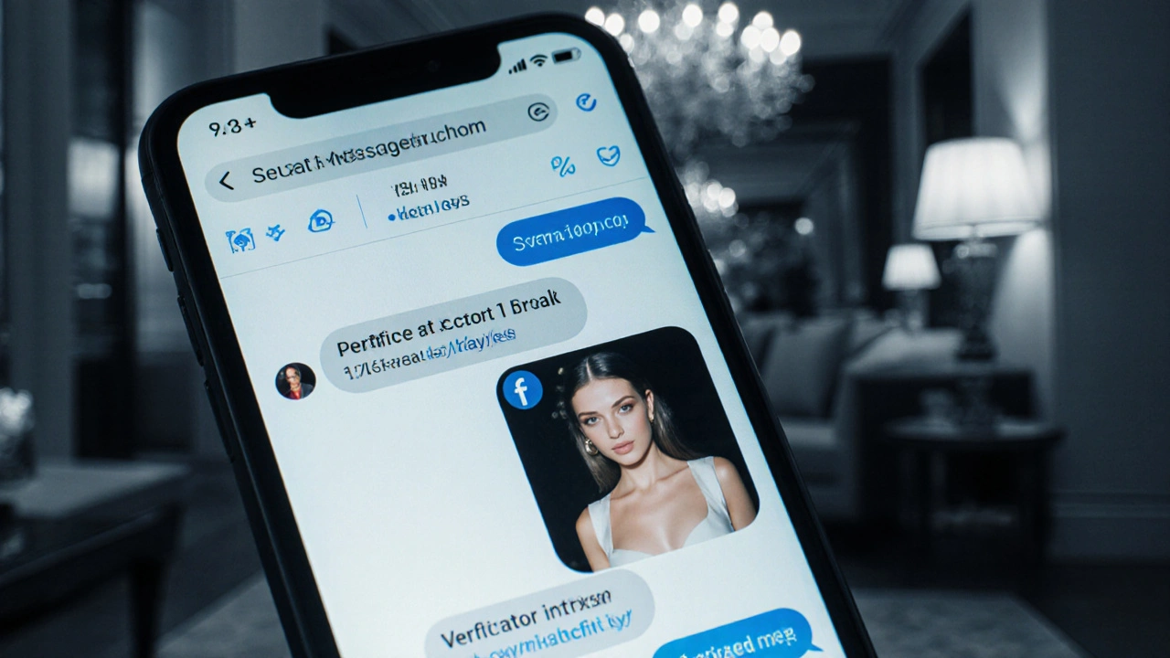 A secure messaging interface on a smartphone shows a verified escort profile with client reviews, emphasizing discretion and authenticity.