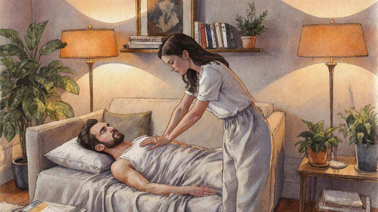 A woman giving a gentle, clothed massage on a couch in a peaceful London flat.