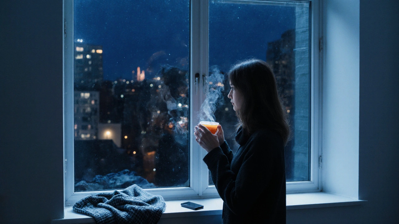 A woman standing by a window in a quiet North London flat, holding tea at night.
