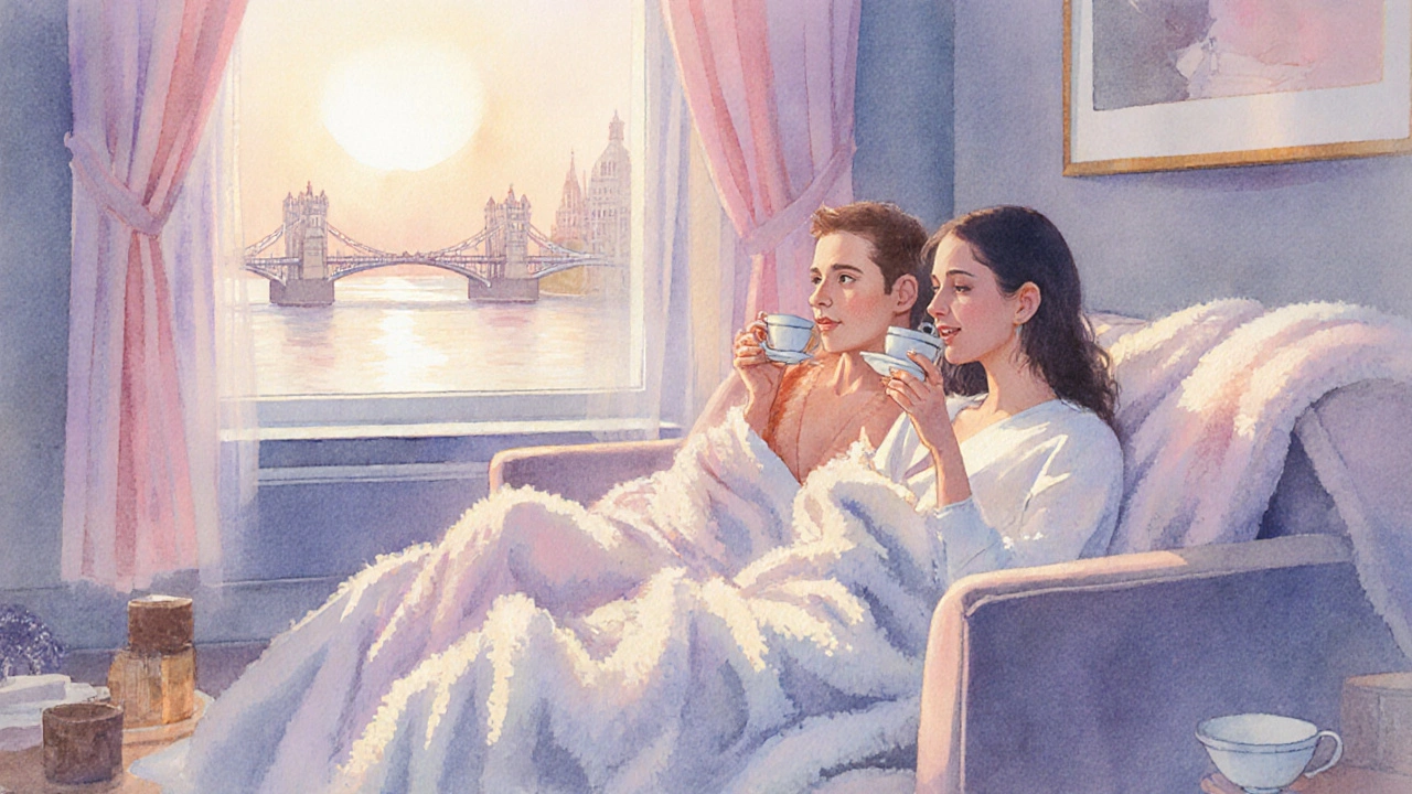 Aftercare scene with blanket, tea, and sunrise view over the Thames.