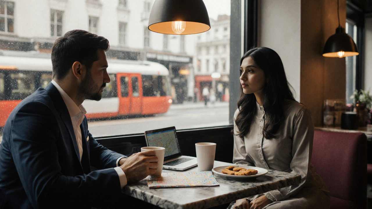 Business traveler and companion sharing coffee in a modern Southall café.