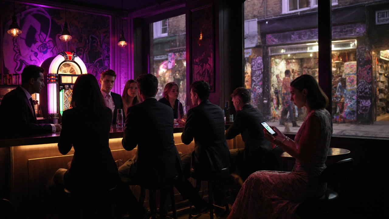 Chic Camden nightclub with young professionals and an escort confirming via phone.