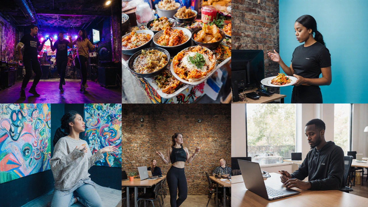 Collage showing grime club, food festival, art gallery, yoga studio, and co‑working space trends.