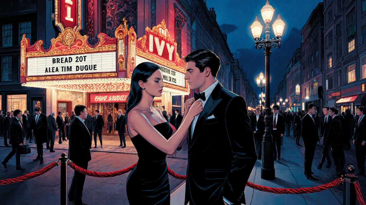 Companion and client at a West End theatre entrance with neon lights.