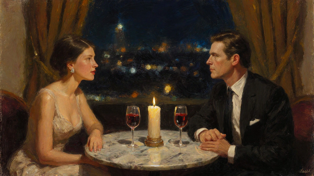 Companion and client share a quiet conversation over wine in a luxury hotel lounge.