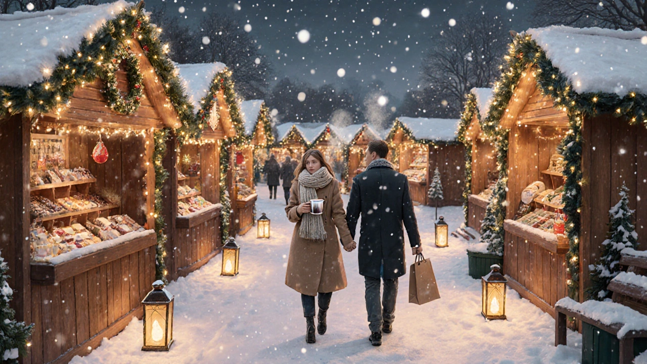 Companion and client walking through a festive Christmas market in Clapham.