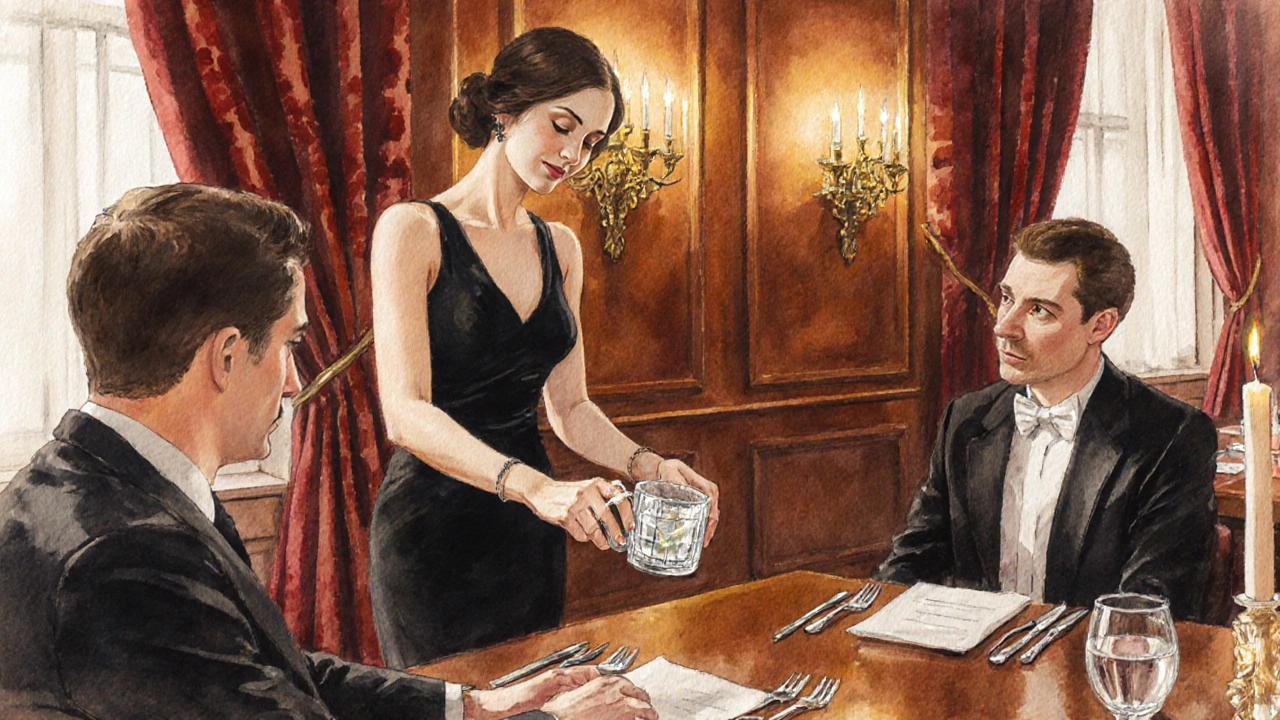 Companion serving a cocktail to a client in a luxurious Mayfair club.