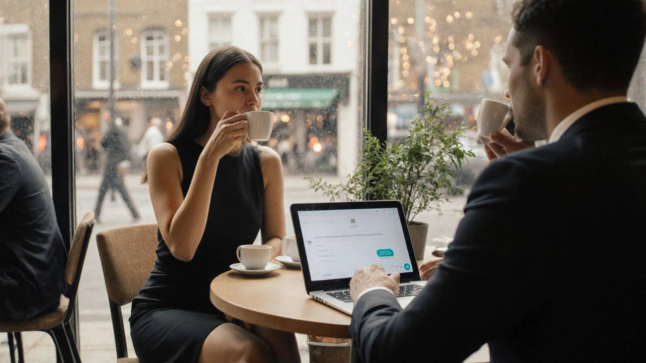 Cozy café interior with a well‑dressed woman and man sharing coffee, a phone showing a booking app.