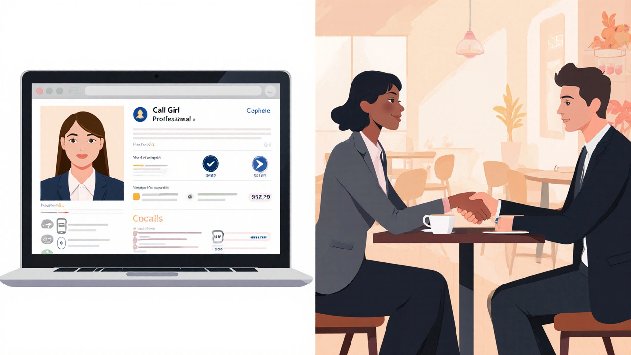 Digital booking screen with verified profile beside a café meeting of a client and companion.