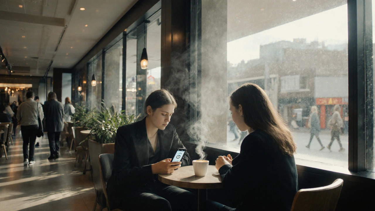 Discreet meeting in a Lewisham Shopping Centre café with verification badge on a phone.