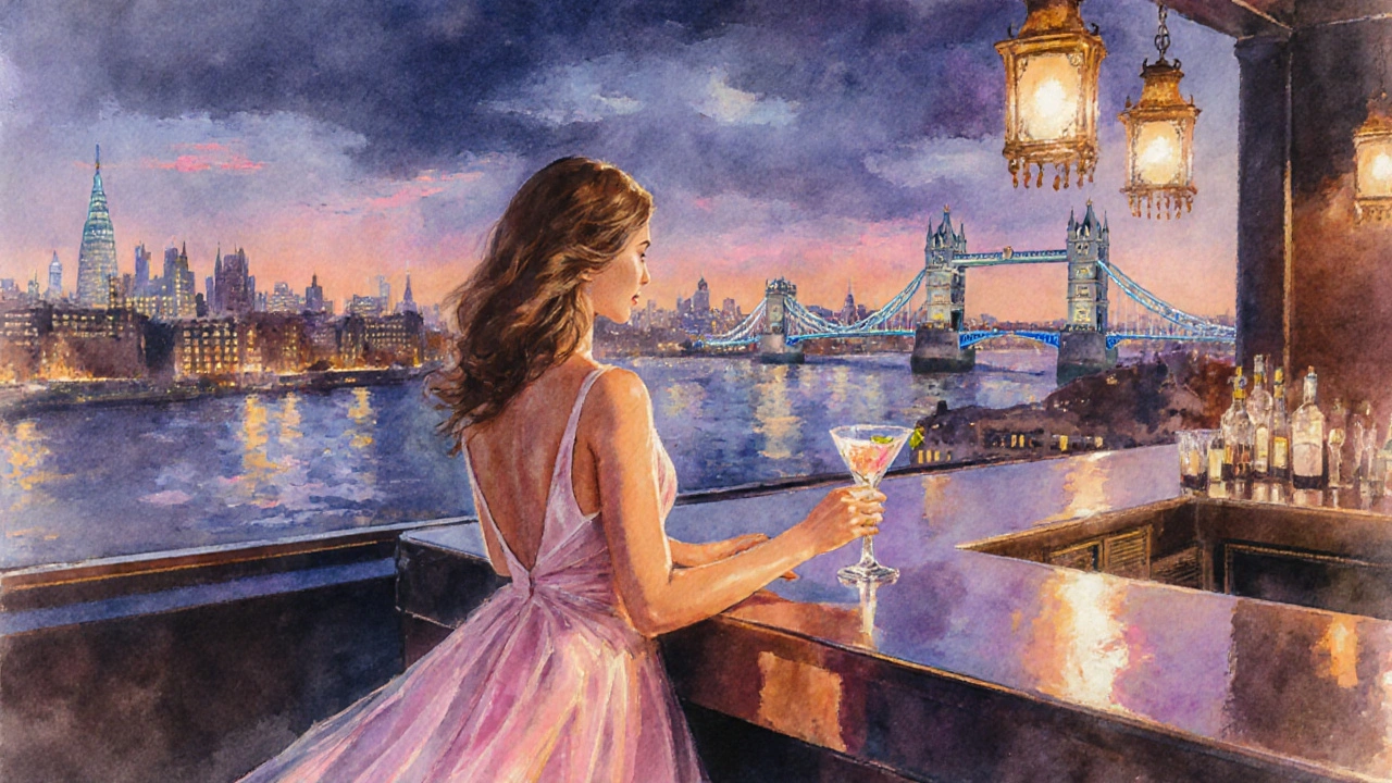 Elegant escort in a designer gown at a rooftop bar overlooking the Thames.
