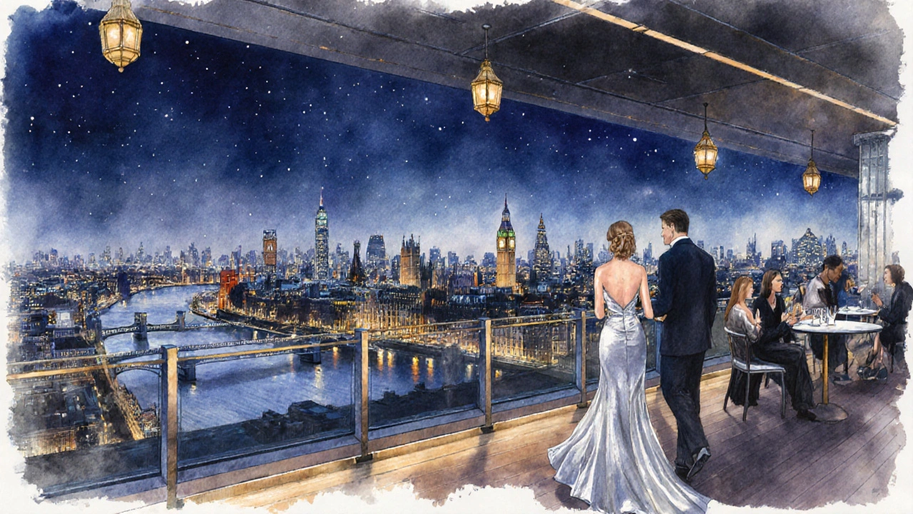 Elegant escort in silver gown guiding a client at a nighttime rooftop bar with city lights.