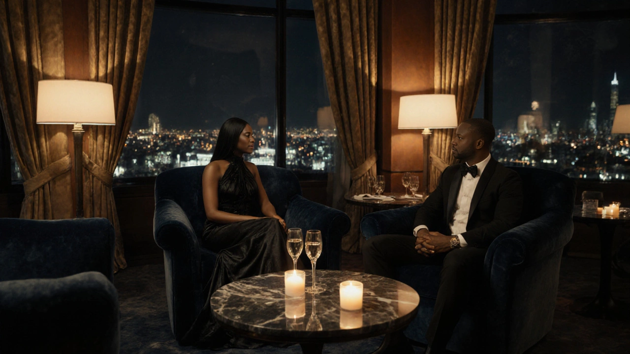 Elegant hotel lounge scene with a Black escort and client sharing a quiet dinner.