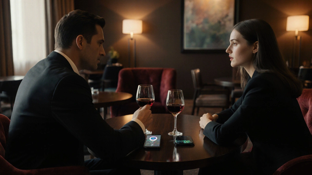 Elegant hotel lounge with a discreet escort and client sharing a wine, indicating safety.