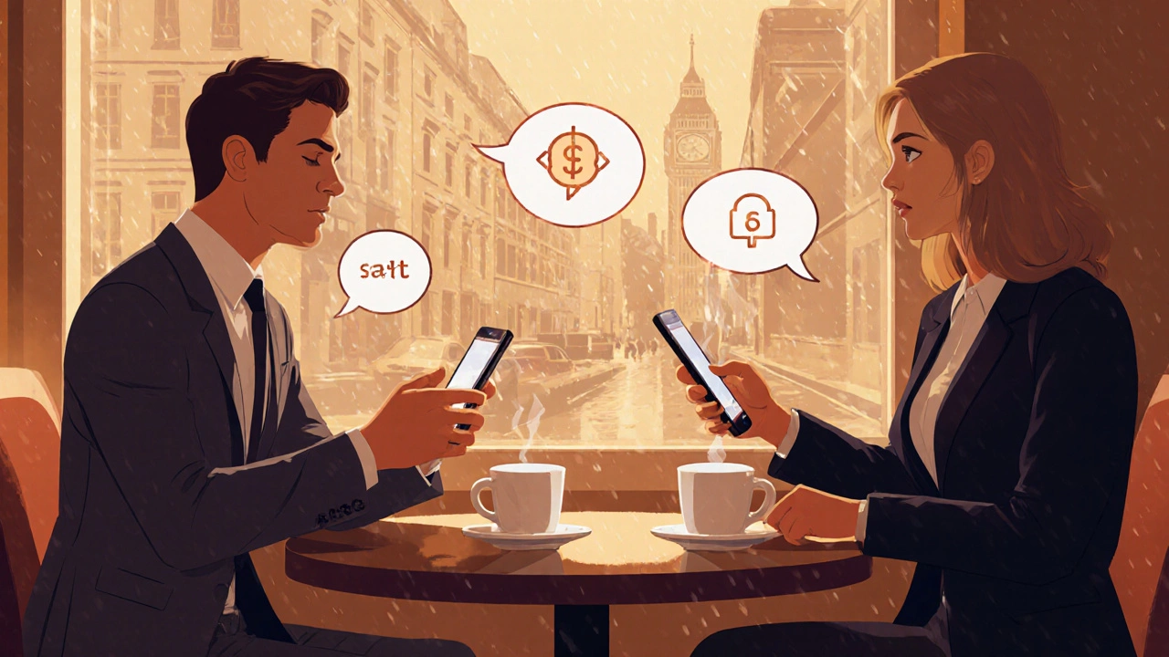 Escort and client meet over coffee, showing encrypted phone messages.