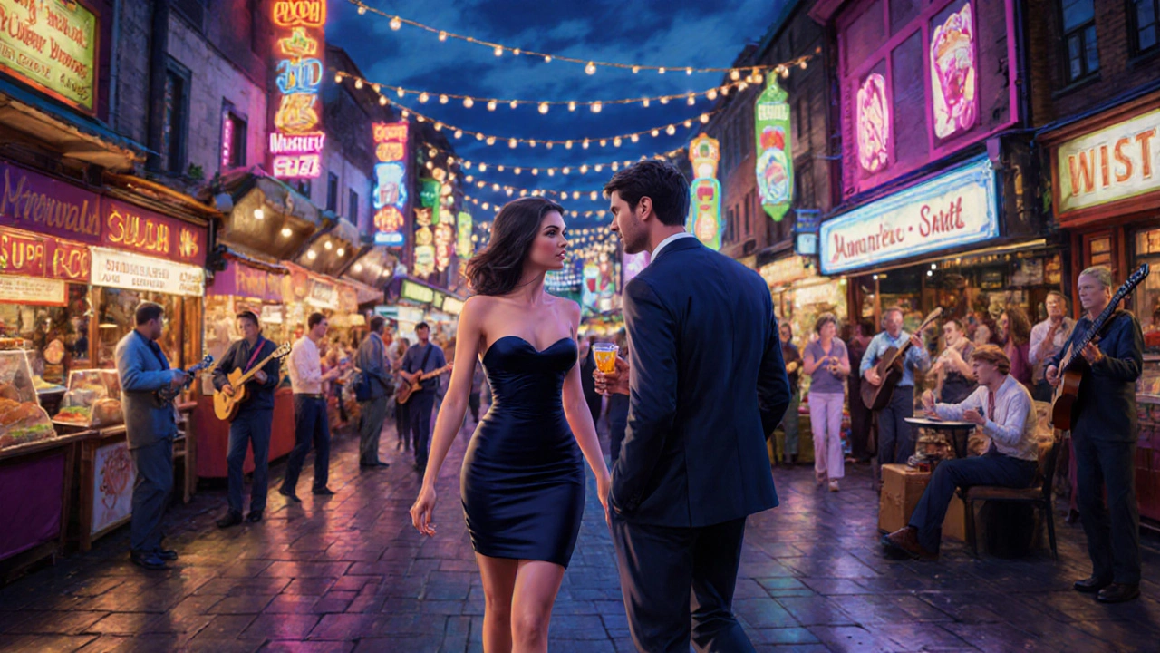 Escort and client strolling through vibrant Camden Market at night.
