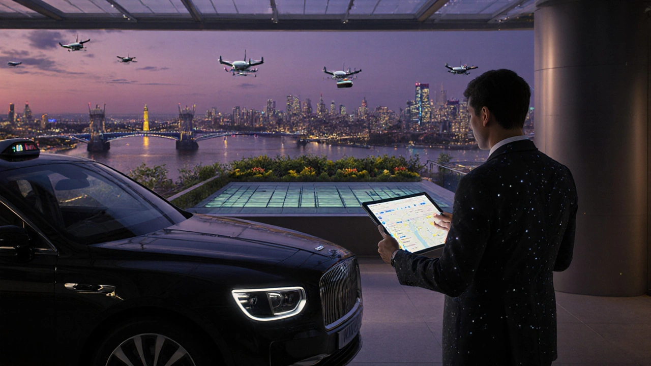 Futuristic scene of an electric cab and tech‑savvy escort using holographic tablet in London at sunset.