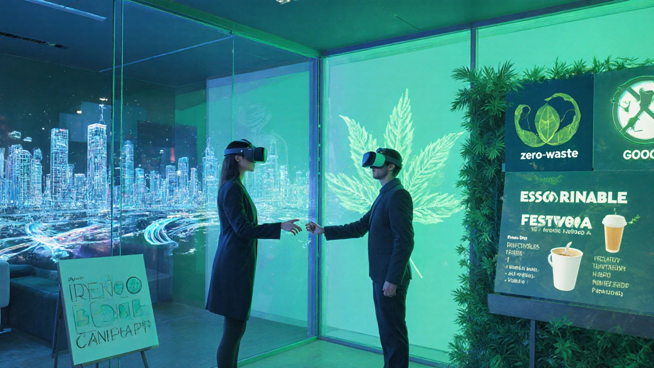 Futuristic VR lounge with an escort and client, surrounded by eco‑friendly festival elements.