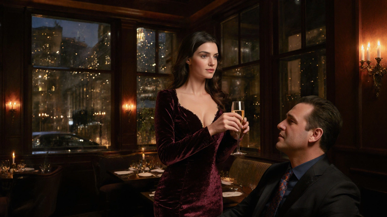 Glamorous escort and client enjoy champagne outside a Mayfair restaurant.