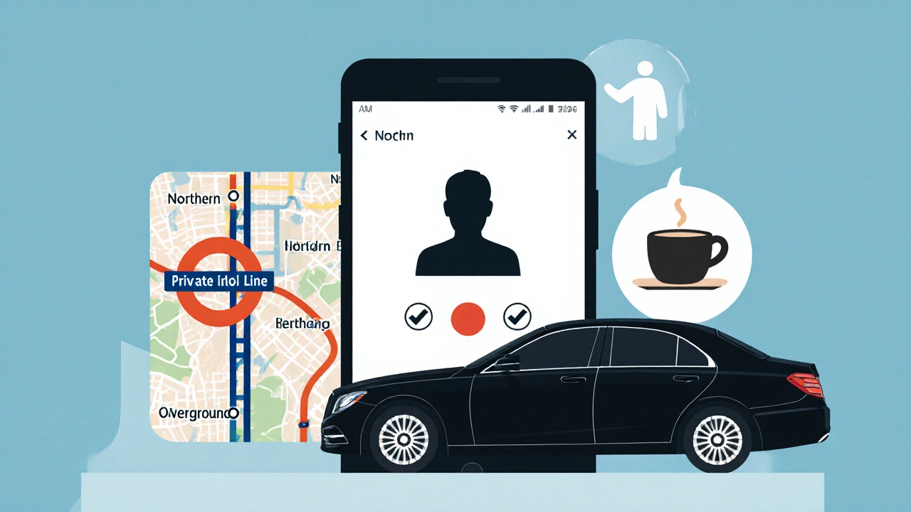 Illustration of phone video verification, private car, and transport map for safety.