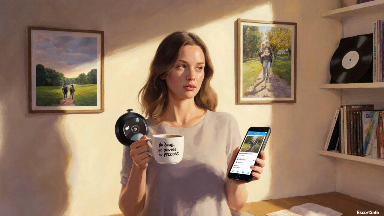 Independent escort in her home, holding a safety device and phone showing verified client info.