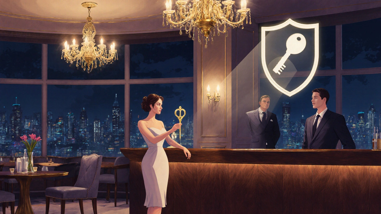 Night hotel lounge with a woman holding a key, a security guard nearby, and a subtle safety shield.