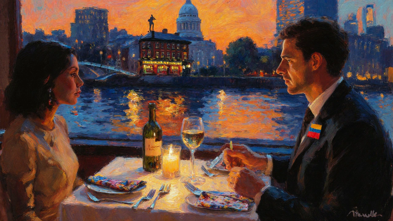 Romantic dinner by the Thames at Inkwell Studios with sunset lighting and multicultural details.