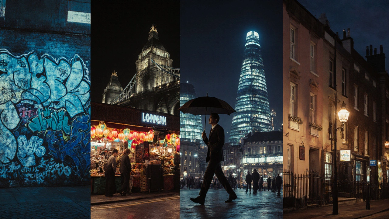 Silhouette of a companion walking through a night collage of London neighborhoods.