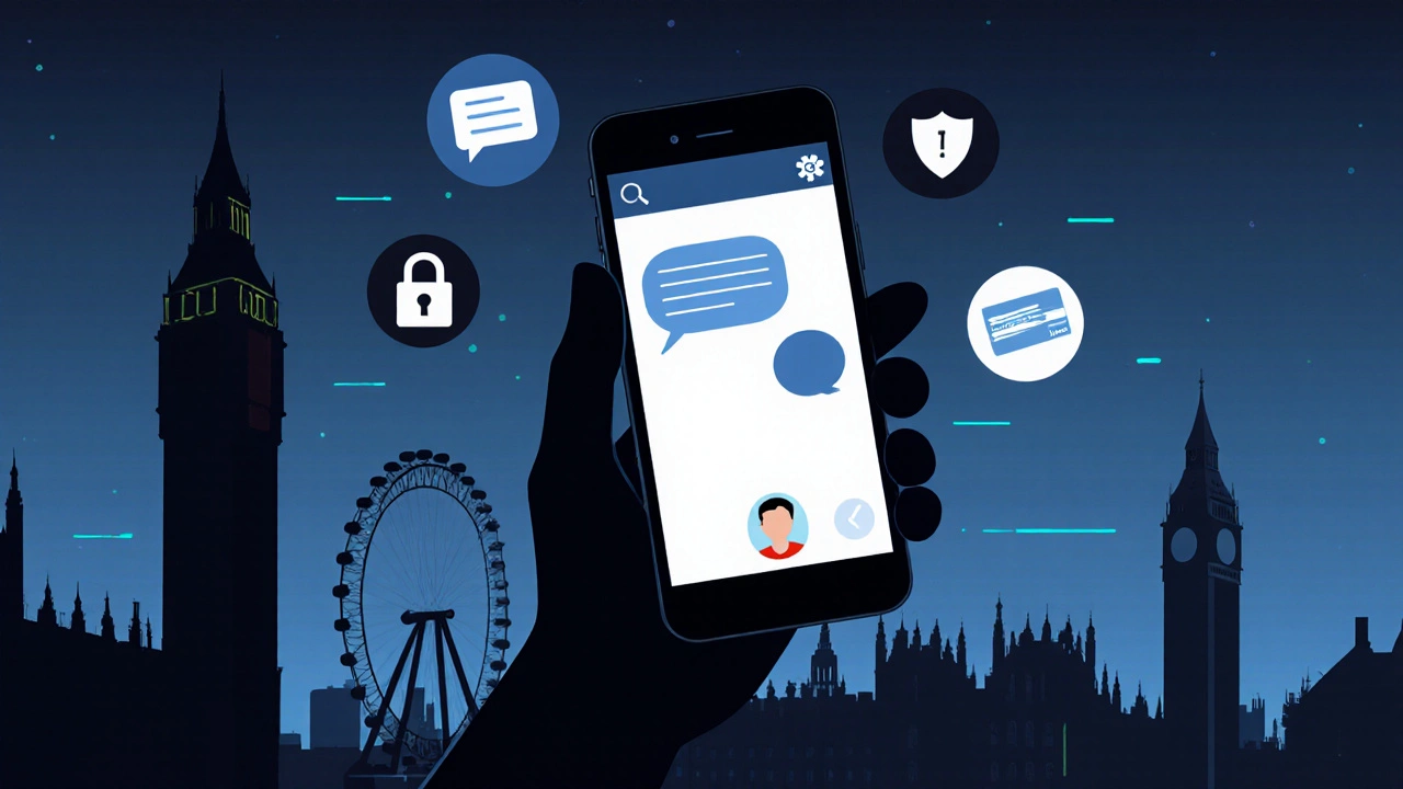Smartphone screen showing encrypted chat and video call against a London night skyline.