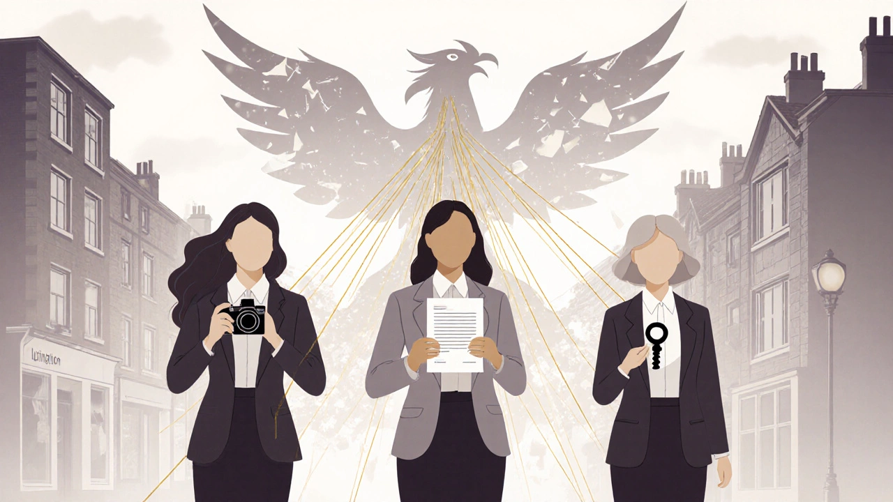 Three women symbolizing autonomy in different London neighborhoods, rising above outdated norms.