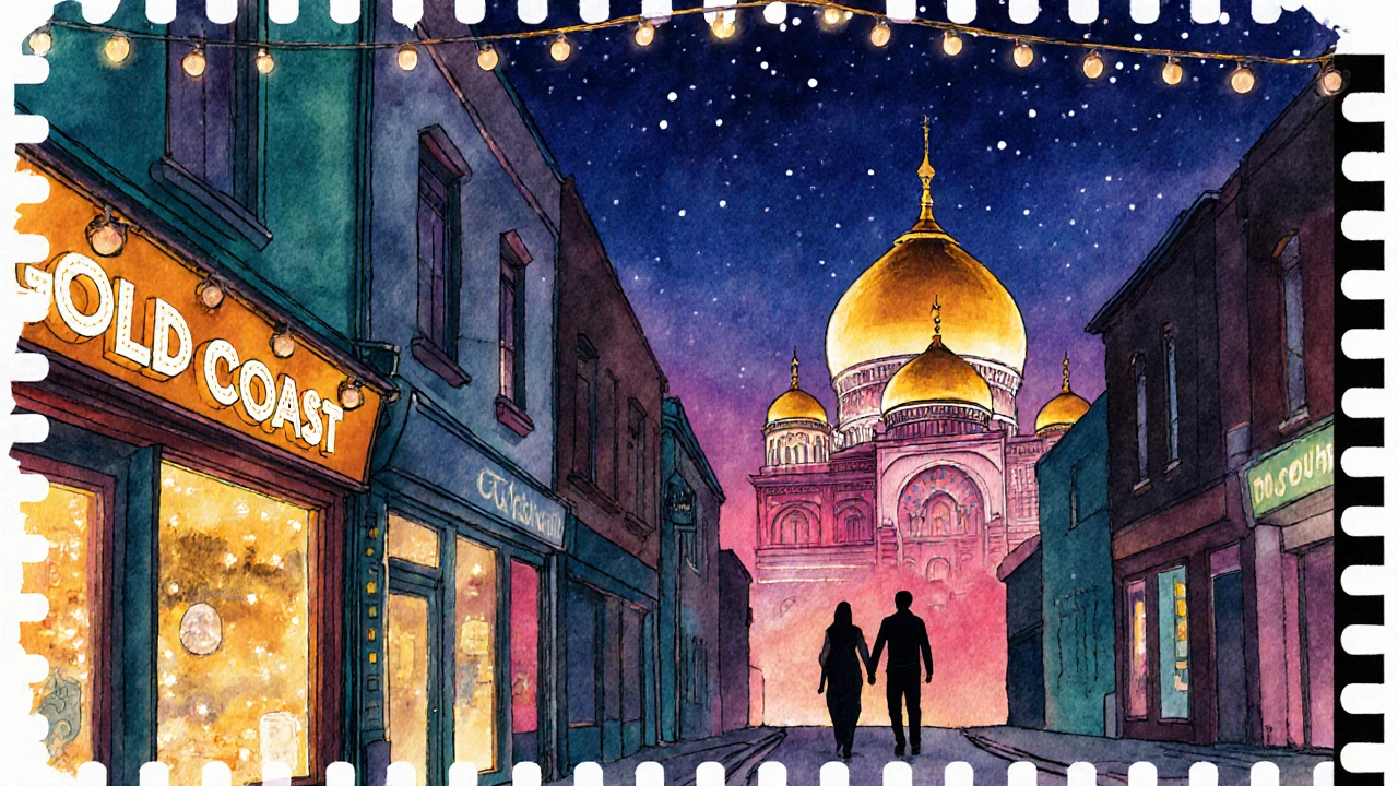 Twilight Southall street with couple walking and illuminated Gurdwara in the background.