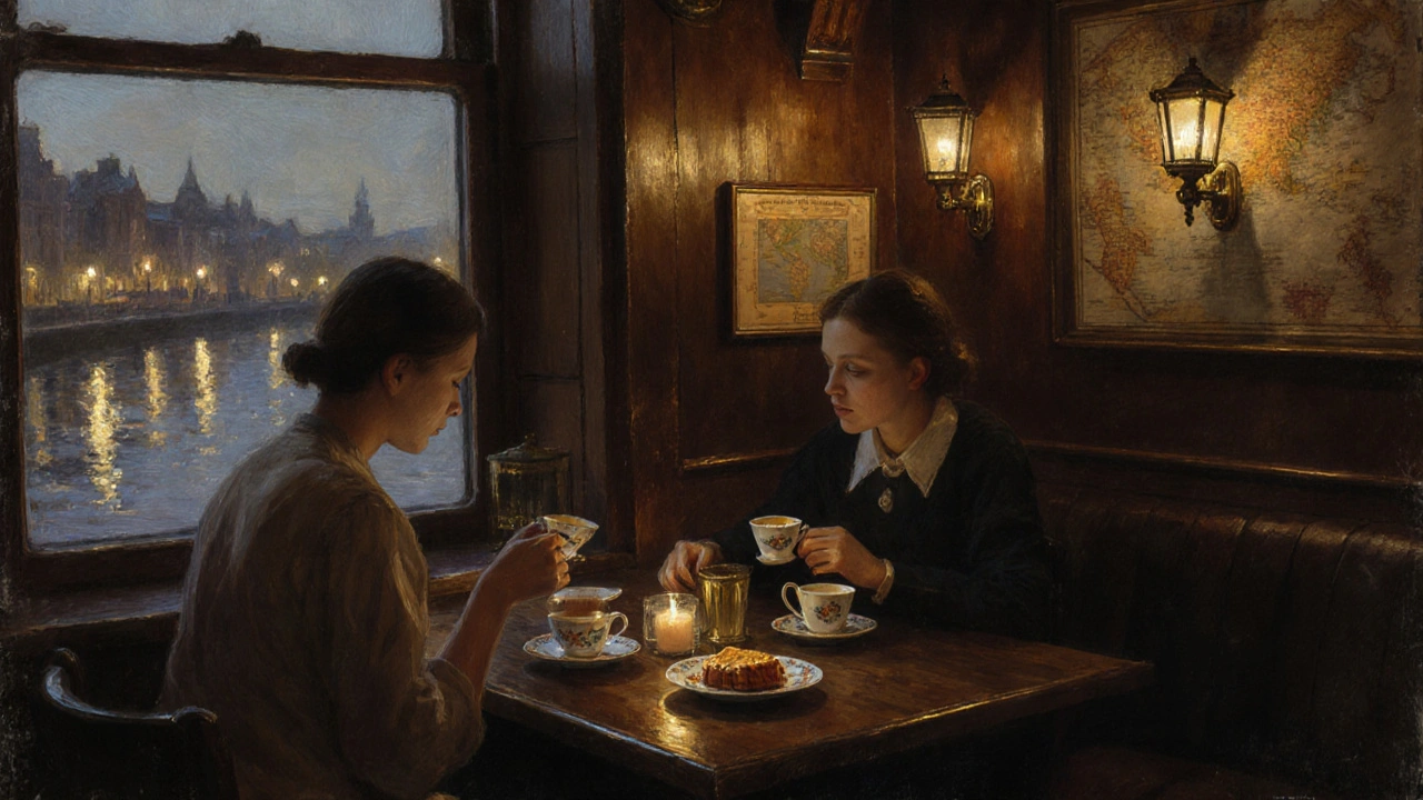 Two figures share tea in a cozy corner of The Anchor pub in Greenwich, candlelight glowing beside a river window.