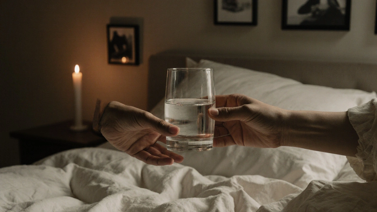 Two hands exchange a glass of water in a quiet, candlelit room after an intimate session.
