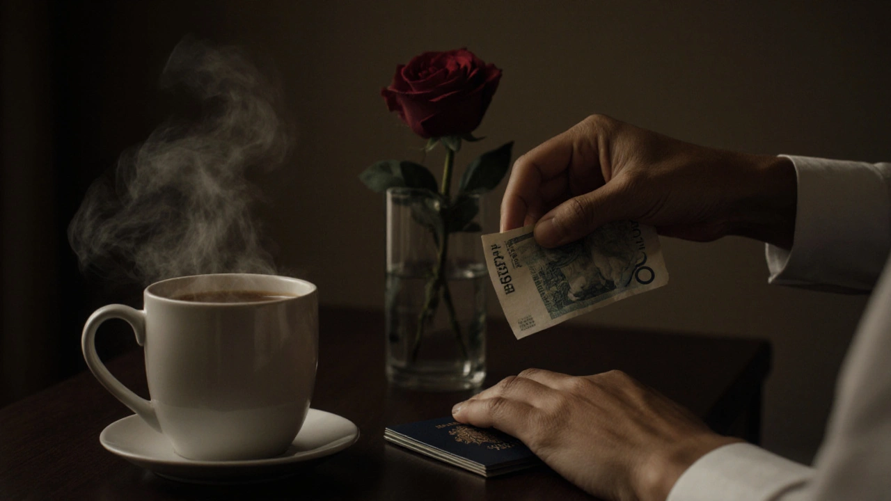 Two hands exchange money and ID on a hotel dresser with tea and a rose nearby.