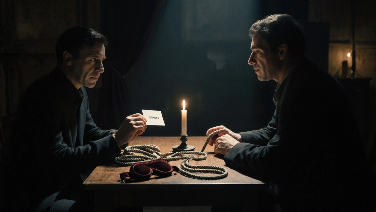 Two people negotiate a BDSM scene with ropes and a safe‑word card in candlelight.