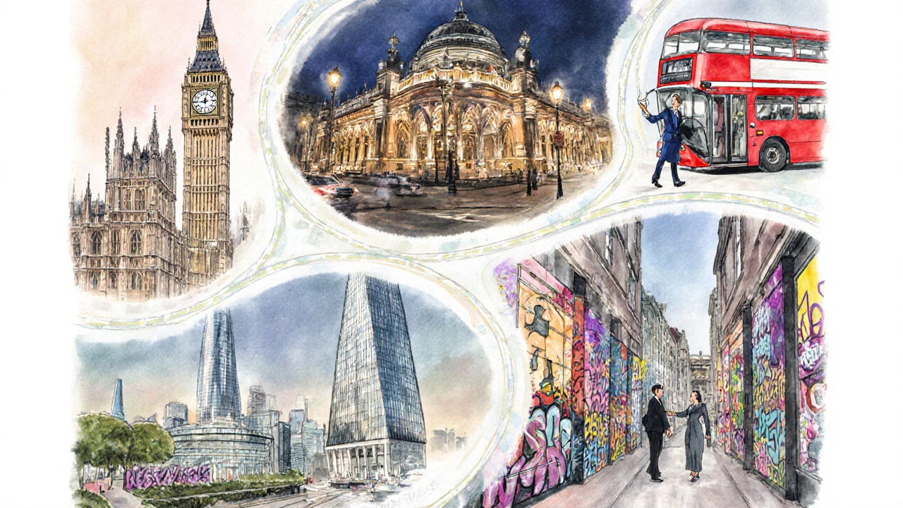 Watercolor illustration of an escort guiding a traveler through Westminster, Kensington, Canary Wharf, and Shoreditch.