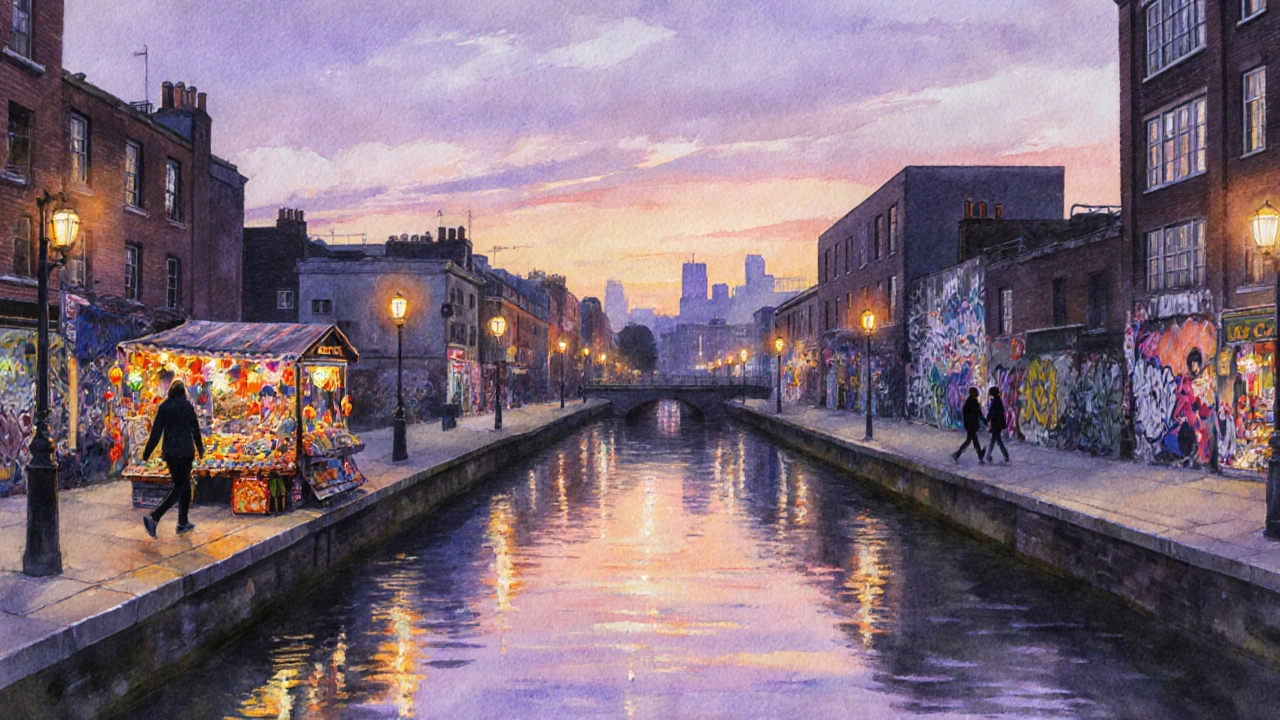 Watercolor of a couple walking by Regent's Canal at dusk near a market stall.