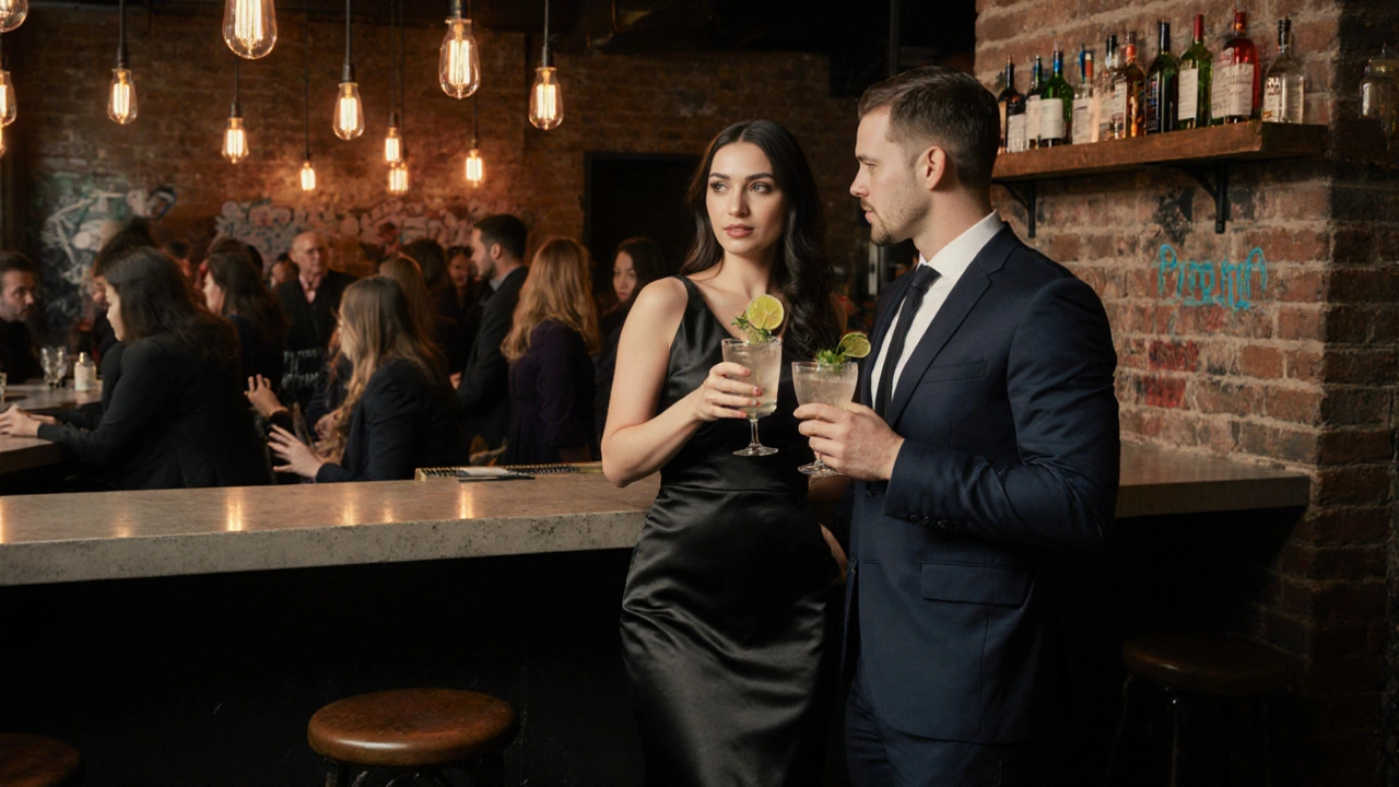 Well‑dressed companion and gentleman sharing gin cocktails in an industrial bar.