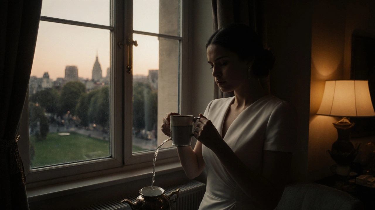 A British woman pouring tea in a quiet Mayfair apartment at dusk, radiating serene companionship.