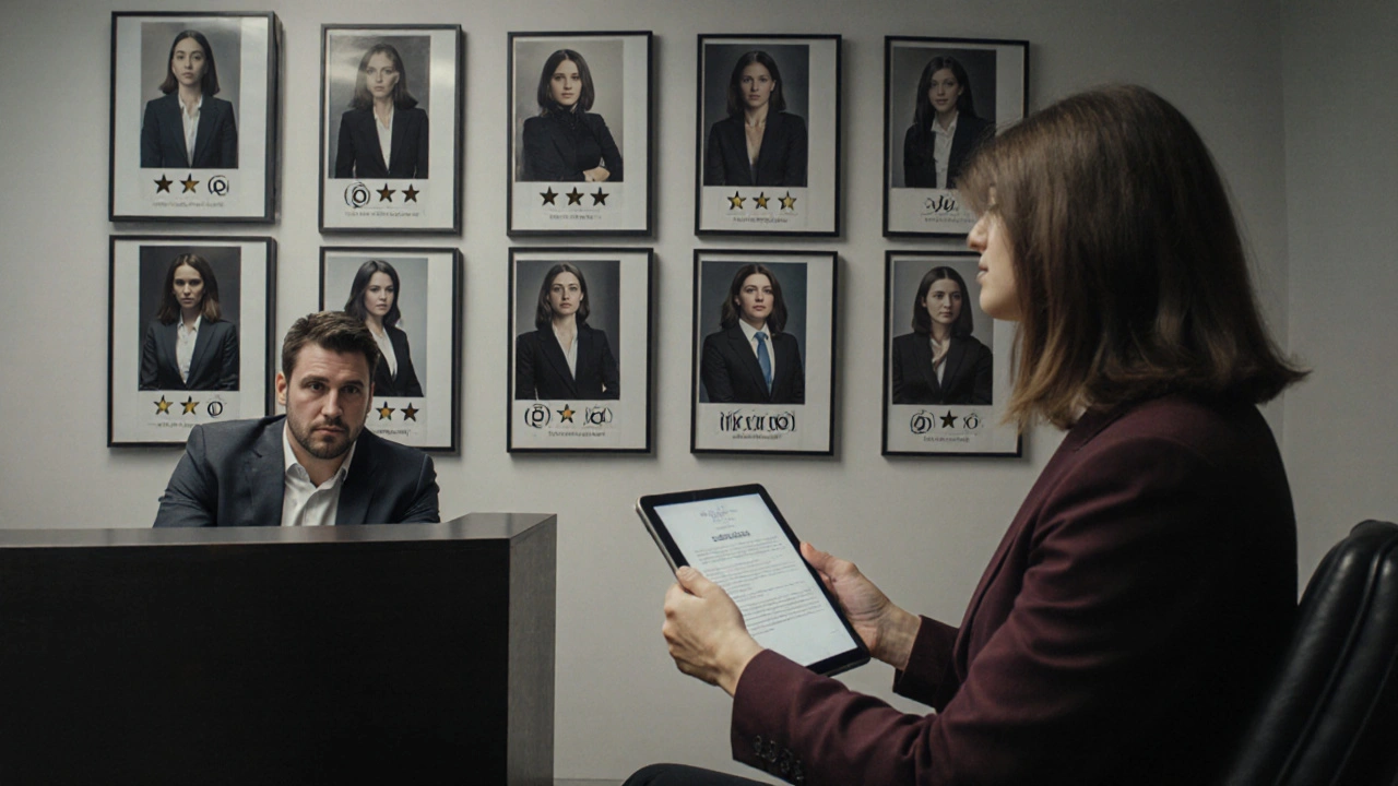 A client meeting with an agency representative in a professional London office, reviewing a performer&#039;s profile.