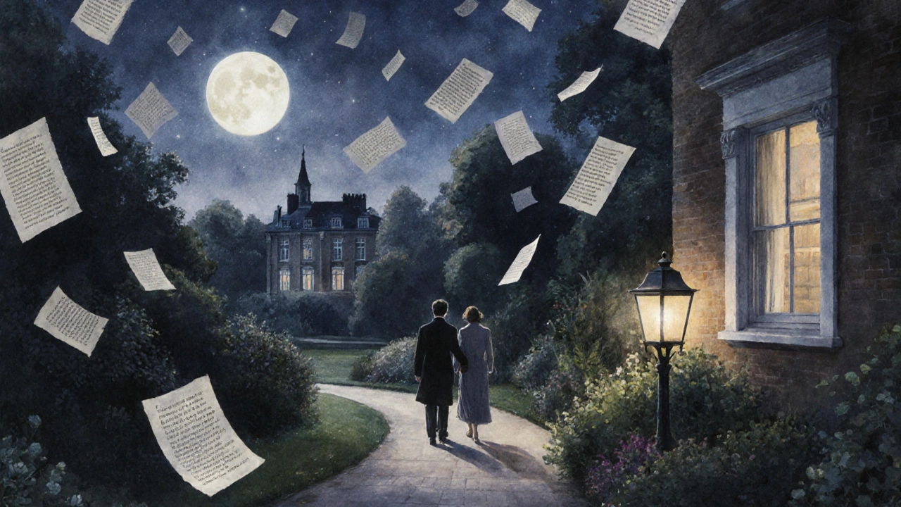 A couple strolling under moonlight among floating literary pages beside Kenwood House gardens.