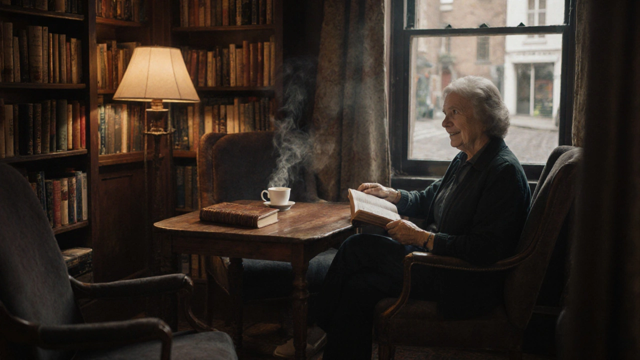 A cozy Hampstead living room with books and tea, suggesting a calm, meaningful conversation.