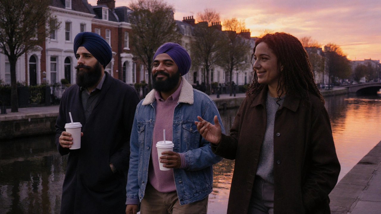 A diverse group walks together along the Regent’s Canal at sunset.