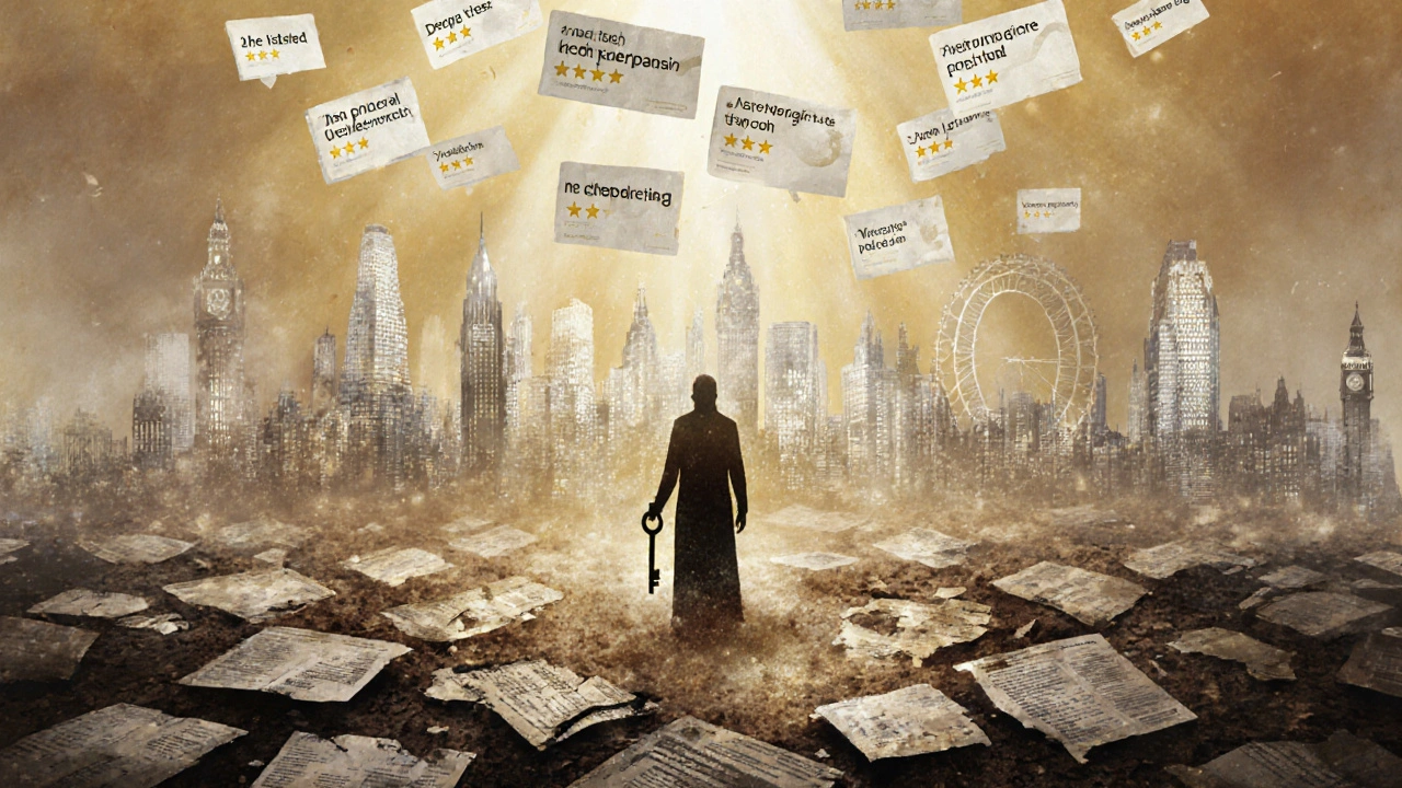 A glowing skyline of floating review texts rising above crumbling old forums, representing the rise of trustworthy feedback in London.