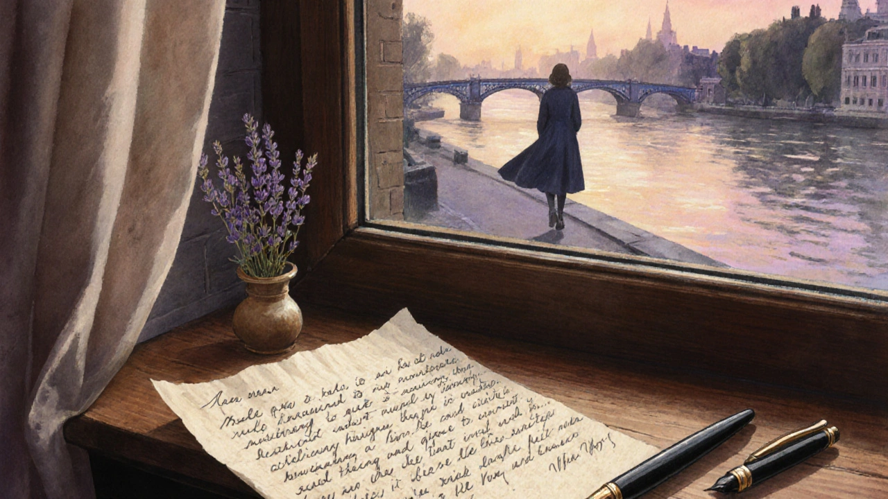 A handwritten letter on a windowsill beside lavender and a pen, overlooking the Thames at dusk.
