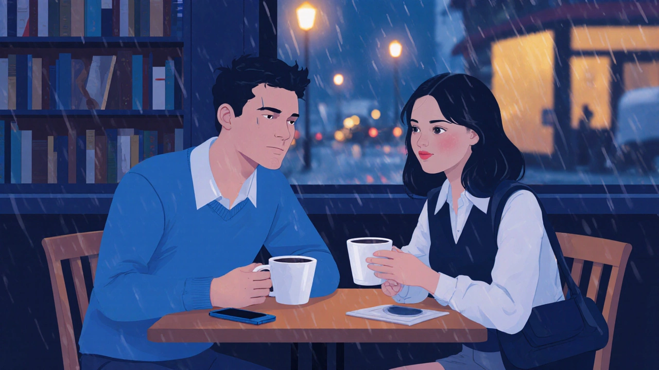 A man and woman having calm coffee in a quiet South London café, warm lighting, subtle connection.