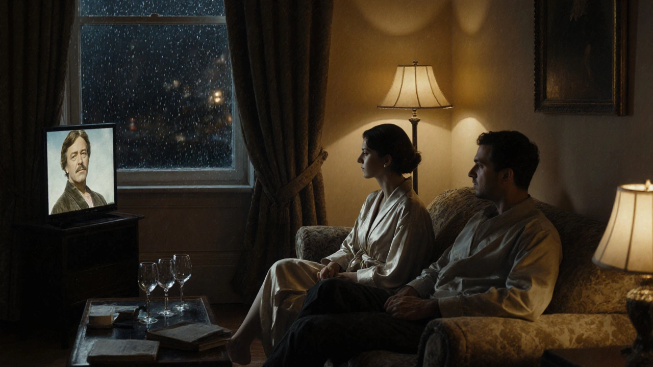 A man and woman watching a film together on a couch in a softly lit London apartment.
